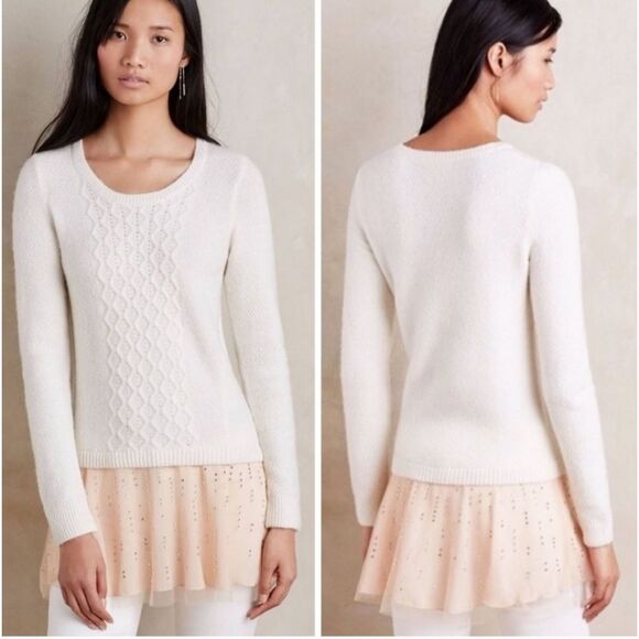 Anthropologie Ivory Cable-Knit Sweater w/ Rhinestone Peach Tulle – Size XS - Picture 2 of 16